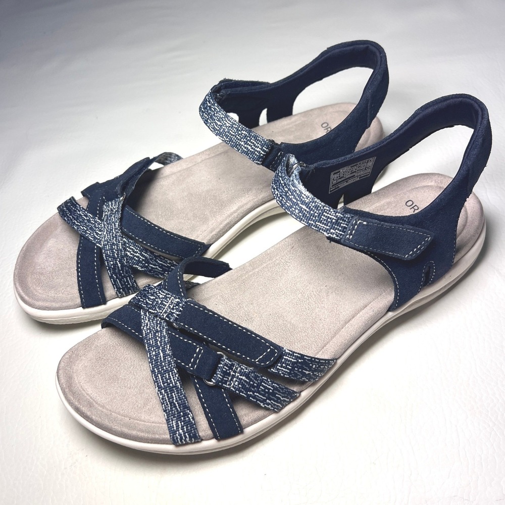 Earth Origins Sofia Sandals Women 12 Navy Blue Woven Strappy Comfort Flat Modern